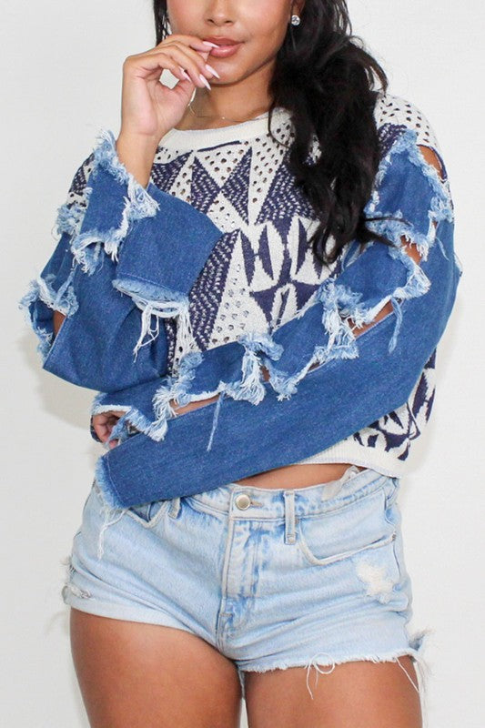 ATHINA STAR SLEEVE KNIT DENIM CONTRAST TOP Shop Style & More | Fresh Looks, Everyday Deals & Free Shipping