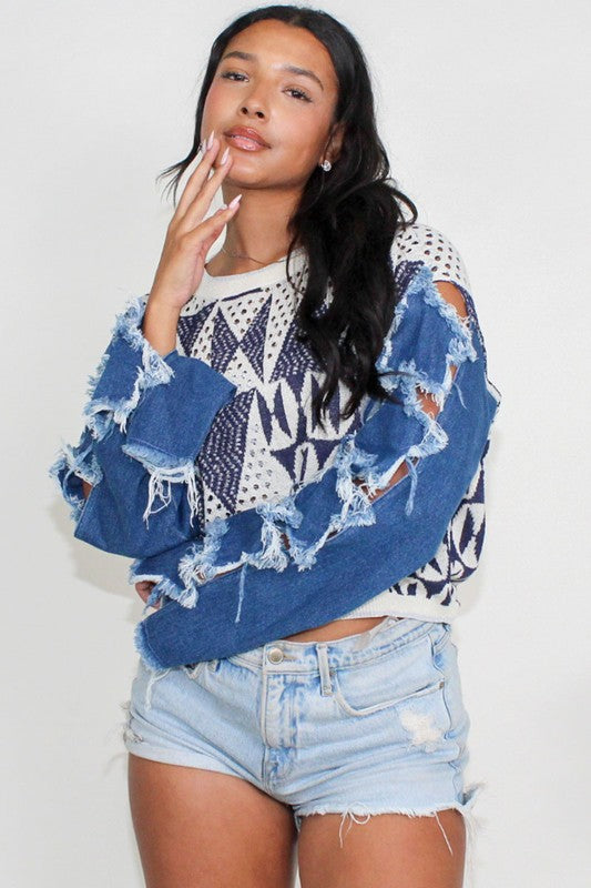 ATHINA STAR SLEEVE KNIT DENIM CONTRAST TOP Shop Style & More | Fresh Looks, Everyday Deals & Free Shipping