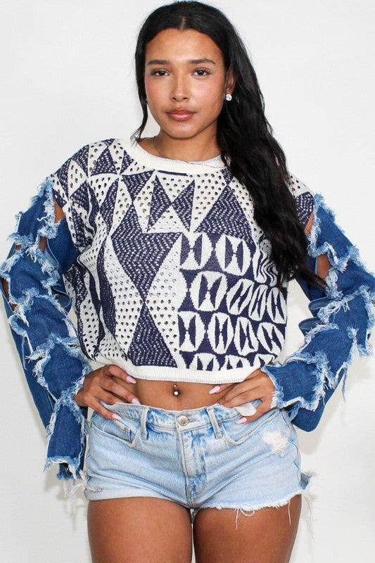 ATHINA STAR SLEEVE KNIT DENIM CONTRAST TOP Shop Style & More | Fresh Looks, Everyday Deals & Free Shipping