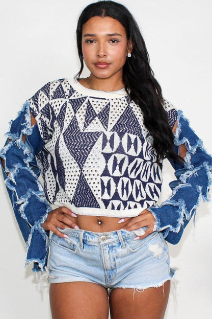 ATHINA STAR SLEEVE KNIT DENIM CONTRAST TOP Shop Style & More | Fresh Looks, Everyday Deals & Free Shipping