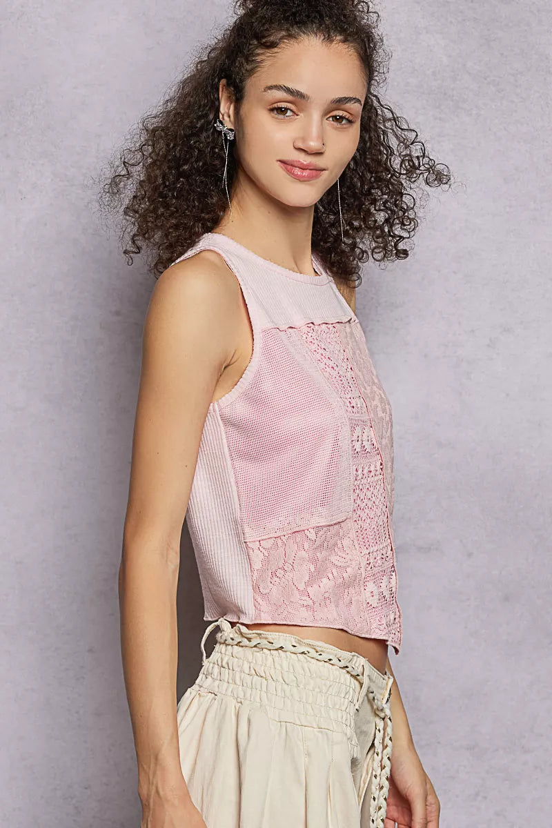 POL Ribbed Round Neck Cropped Tank with Lace Detail Montret