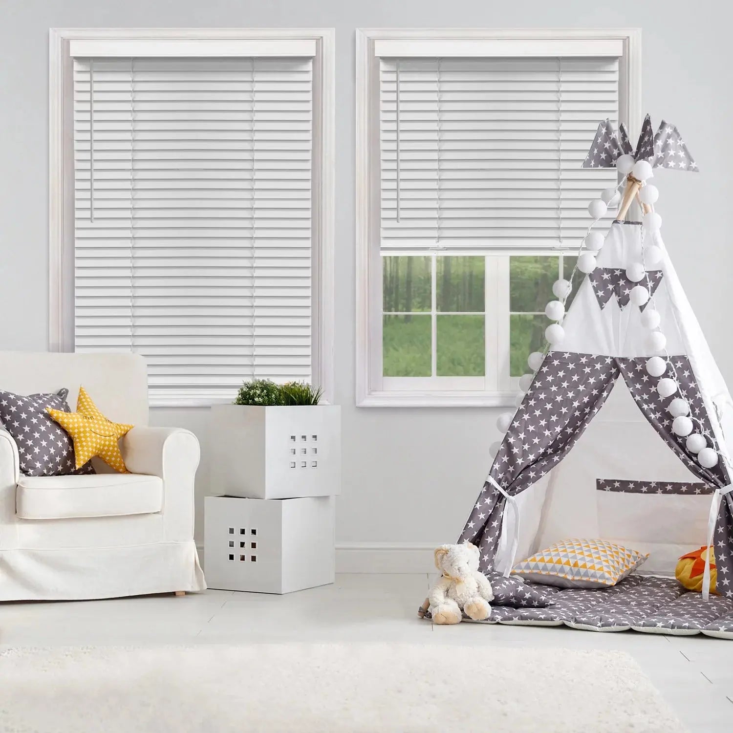 Stylish 2-Inch Cordless Faux Wood Blinds in Elegant White - Perfect for Any Room