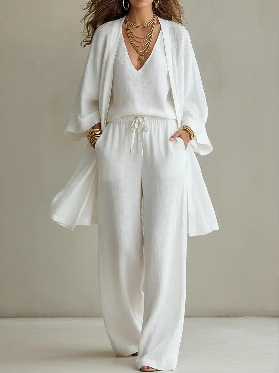 Women's V-Neck Cardigan Coat, Pocket Vest & Long Pants Three-Piece Set FitiqueFit