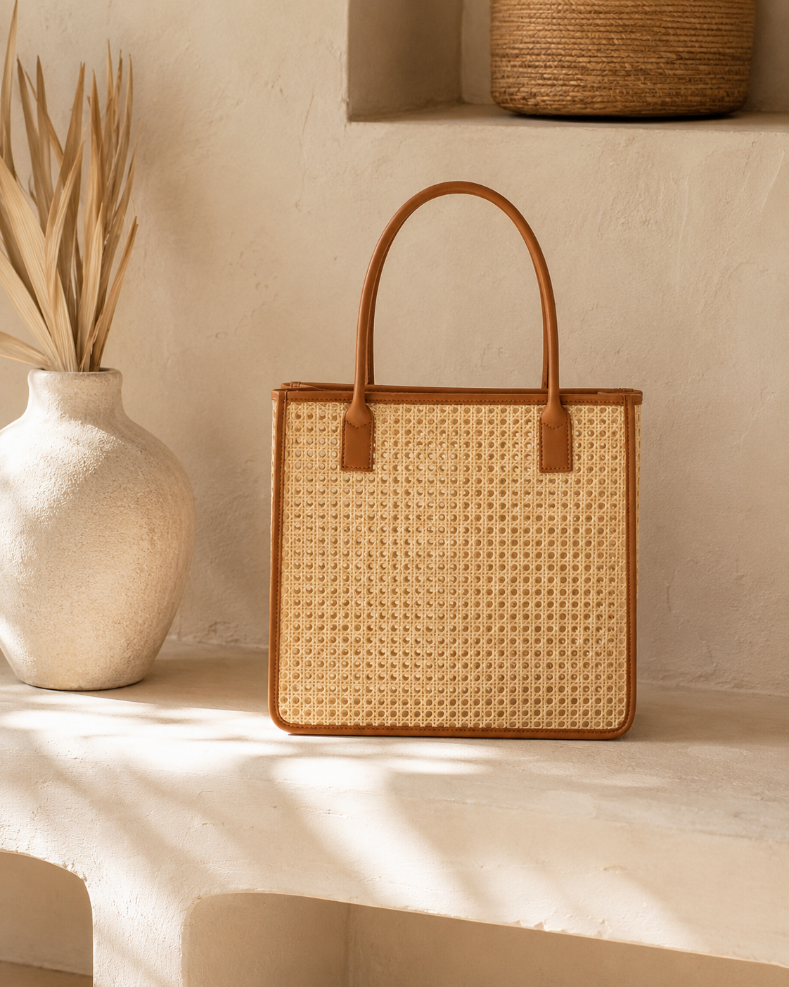 Citra Leather and Rattan Tote Bag Village Thrive