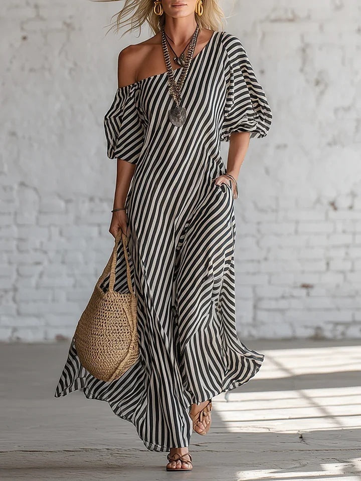 Women's Striped Off-Shoulder Elegant Midi Dress FitiqueFit