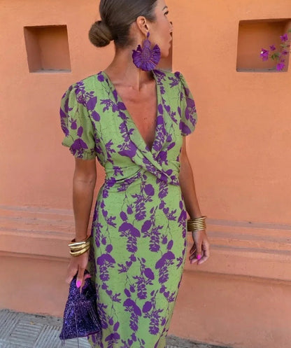 Women's Ruched Maxi Dress – V-Neck Short Sleeve, Form-Fitting Printed Elegant FitiqueFit