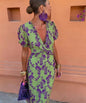 Women's Ruched Maxi Dress – V-Neck Short Sleeve, Form-Fitting Printed Elegant FitiqueFit
