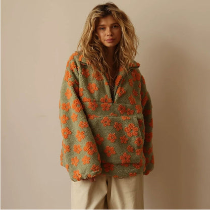 Winter Flowers Lambskin Sweatshirt Women | Cozy Zip-Up Pocket Pullover FitiqueFit