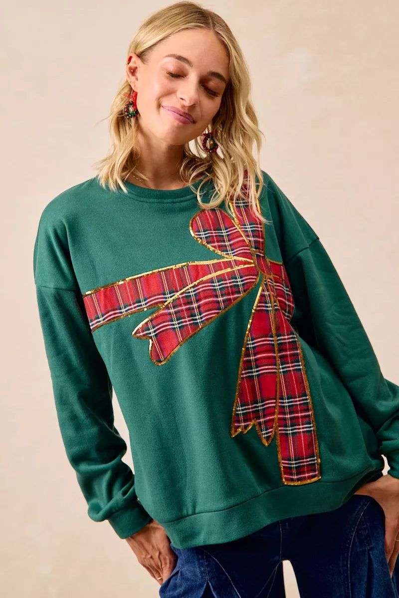 BiBi Plaid Ribbon Bow Detail Christmas Fleece Pullover FitiqueFit