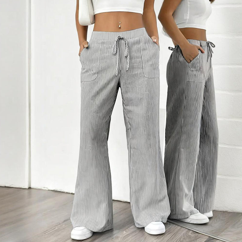 Women's Striped Print Straight Wide Leg Pockets Pants Casual Long Pants FitiqueFit