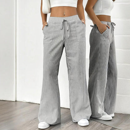 Women's Striped Print Straight Wide Leg Pockets Pants Casual Long Pants FitiqueFit