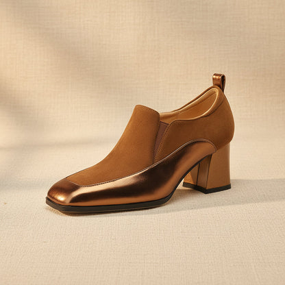 Women's Retro Cowhide Square Toe Chunky Heel Slip-On Pumps FitiqueFit