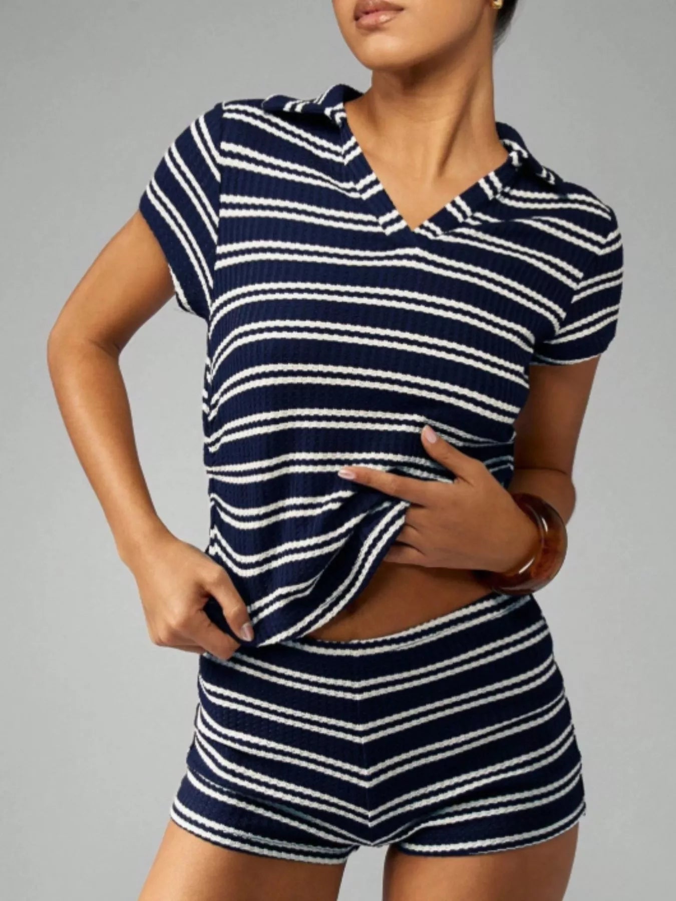 Striped Knit Short Sleeve Top & Shorts Set New Era Fashion LLc