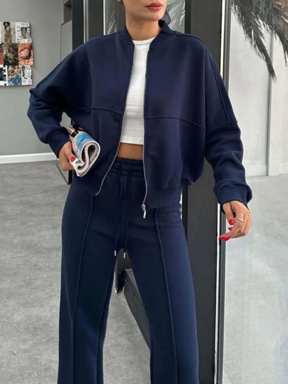 Baseball Collar Zip Up Outerwear and Drawstring Pants Set New Era Fashion LLc