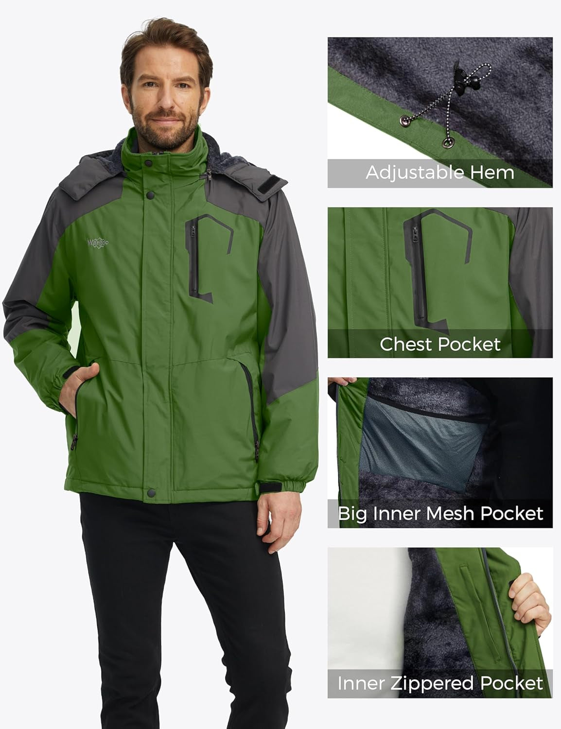Men'S Mountain Waterproof Ski Jacket Windproof Rain Jacket Winter Warm Hooded Coat