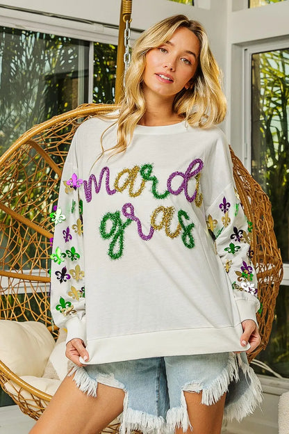 BiBi Fleur De Lis Sleeve Mardi Gras Pullover FitiqueFit
