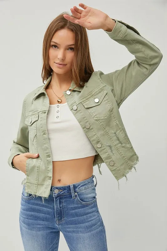 RISEN Full Size Raw Hem Button Up Cropped Denim Jacket Plus Size West2East Surf