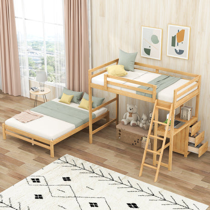 Twin over Full Bunk Bed with Built-in Desk and Three Drawers Natural