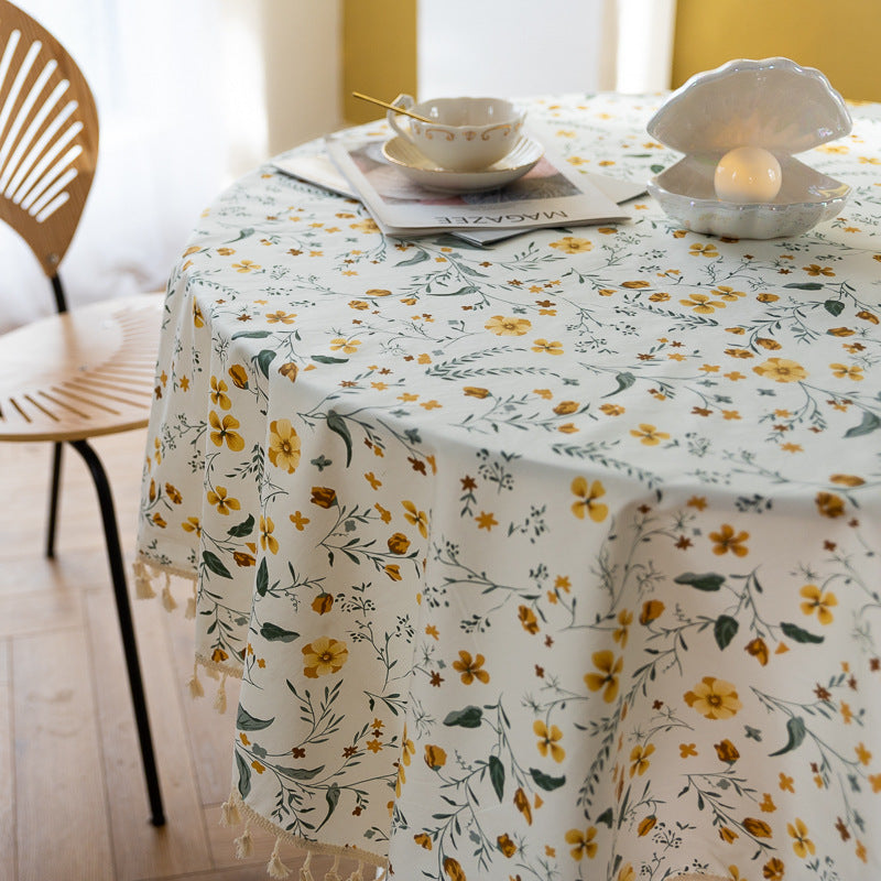 Pure Cotton Literary Nordic Japanese Tassel Tablecloth Printing Cover Towel Broken Flower Rectangular Tablecloth