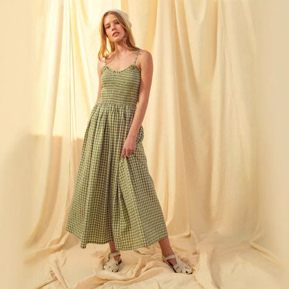 Women's Retro Plaid Sleeveless A-Line Maxi Dress – Fitted Waist Pleated Sundress FitiqueFit