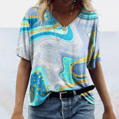 Women's Spring Glitzy V-Neck Short Sleeved Marble Print Top Country in My Heart