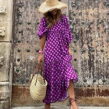 Women's Boho Floral Maxi Dress with Drawstring V Neck