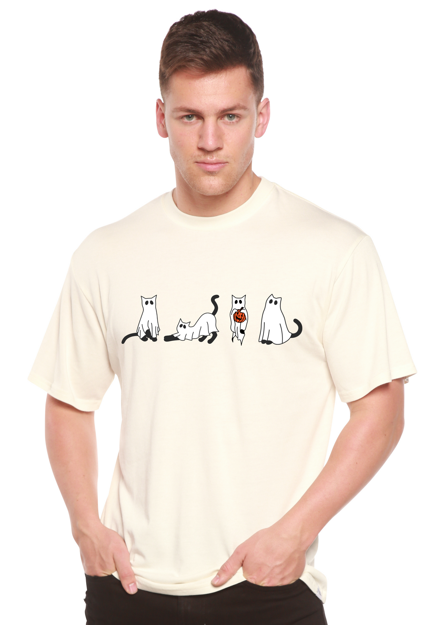 Halloween Cats Men's Bamboo Viscose/Organic Cotton Short Sleeve Graphic T-Shirt Spun Bamboo