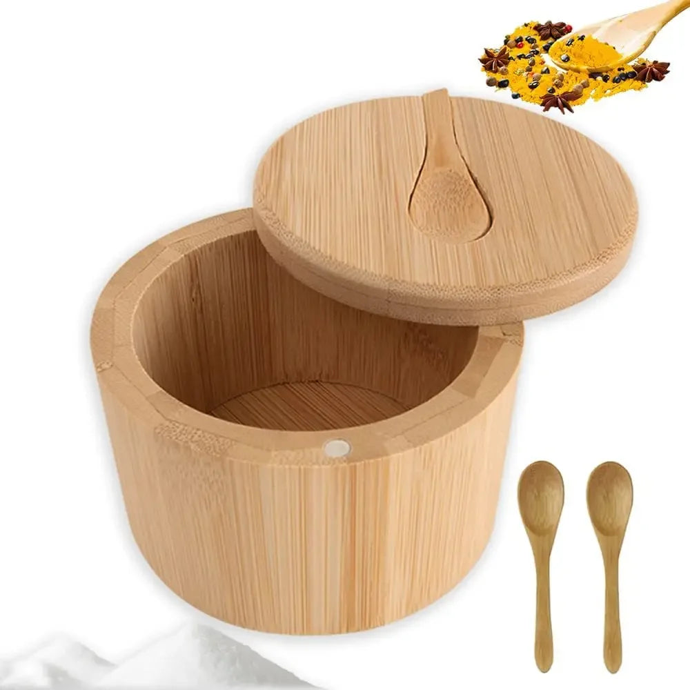 Bamboo Salt Box with Magnetic Lid and Spoon ViralGalleria.com
