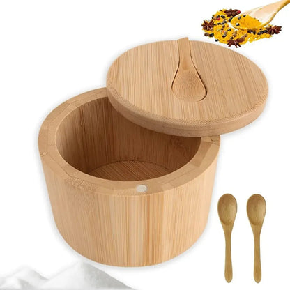 Bamboo Salt Box with Magnetic Lid and Spoon ViralGalleria.com