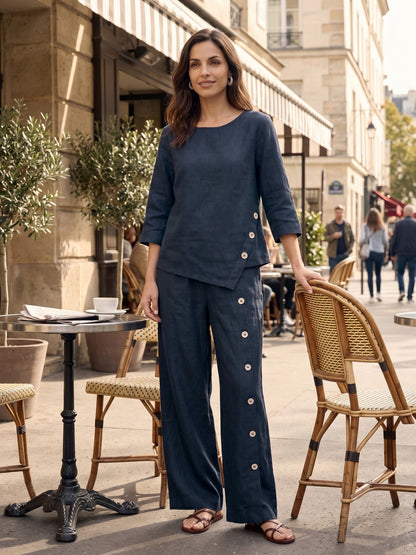 100% Linen Asymmetric-Hem Button-Trim Top NYLA LINTICO
