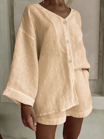 Women's Cotton Linen Shirt & Shorts Set – Long Sleeve, Button, Casual 2-Piece FitiqueFit