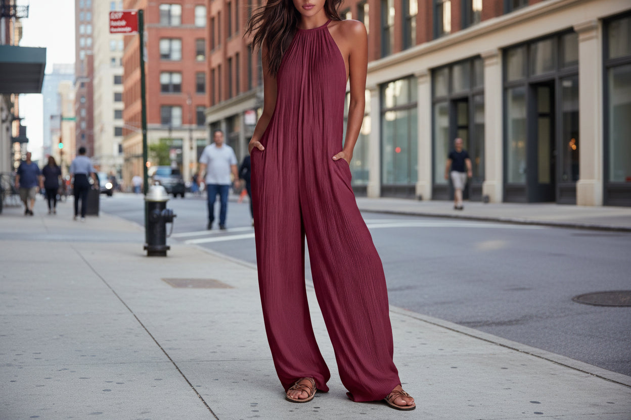 Women's Sleeveless Open-Back Wide-Leg Pleated Jumpsuit FitiqueFit