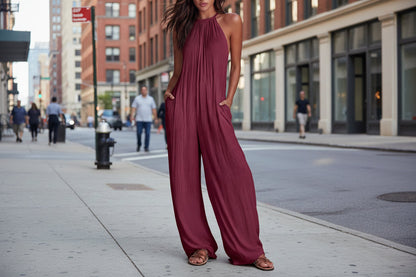 Women's Sleeveless Open-Back Wide-Leg Pleated Jumpsuit FitiqueFit