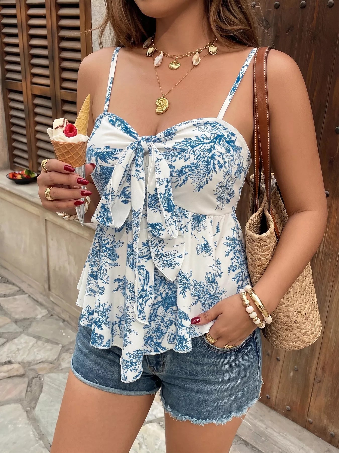 Floral Print Tie Front Ruffle Hem Cami New Era Fashion LLc
