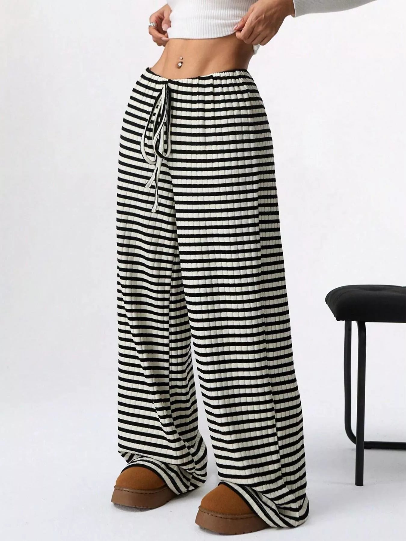 Striped Ribbed Knit Drawstring Waist Wide Leg Pants New Era Fashion LLc