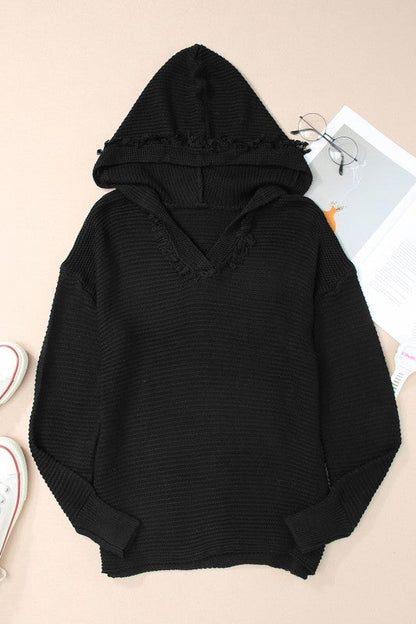 Solid Ribbed Drop Shoulder Hooded V-Neck Sweater Shop Style & More | Fresh Looks, Everyday Deals & Free Shipping