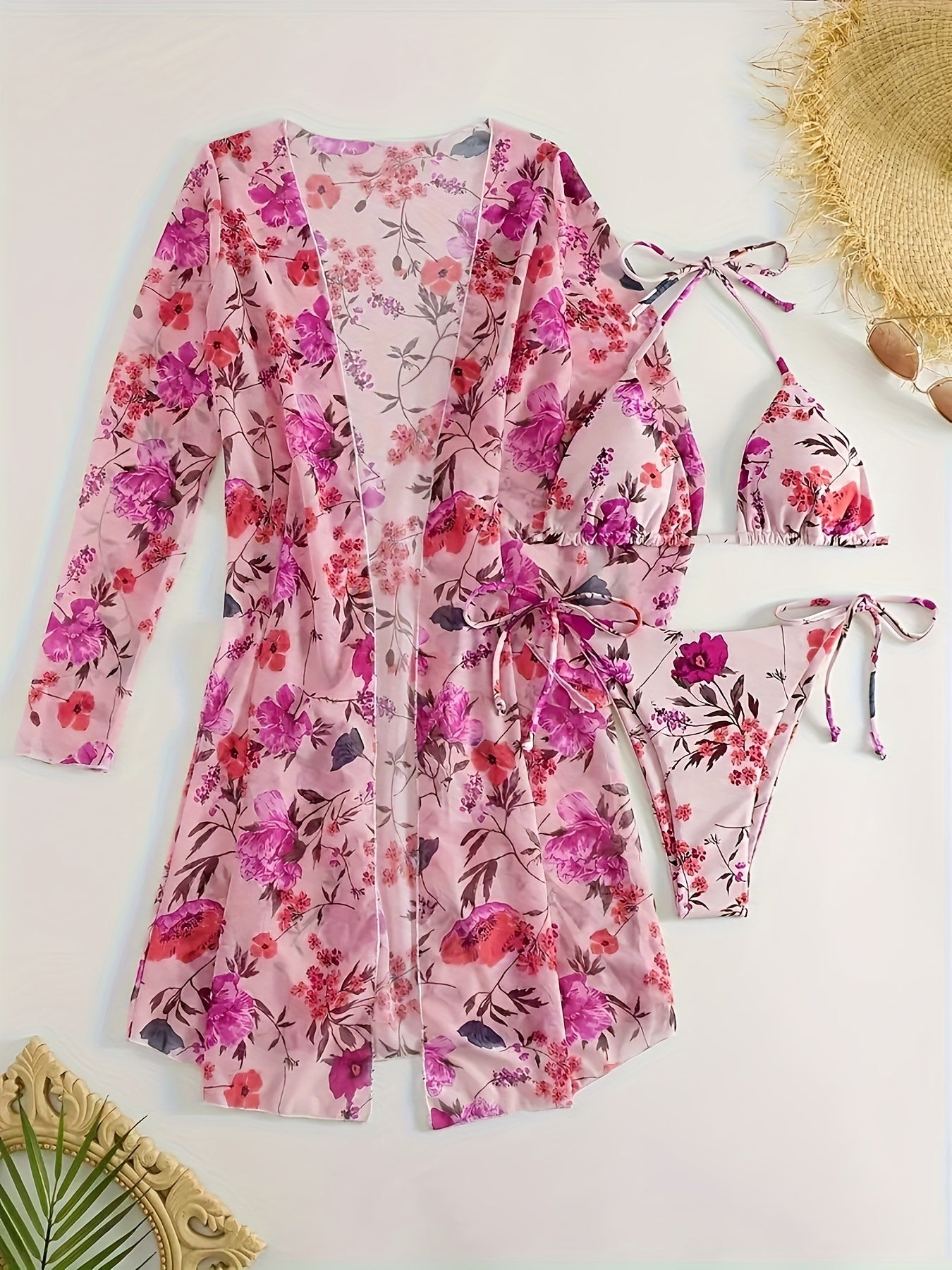 Bikini European Style Floral Print 3 Piece Swimsuit Set for Women – Sexy V Neck Bikini with Cross Strap Detail and Matching Long Sleeve Cover-Up – High Stretch Trendy Swimwear for Summer Beach Vacations Resort Looks and Poolside Fashion Stevvex