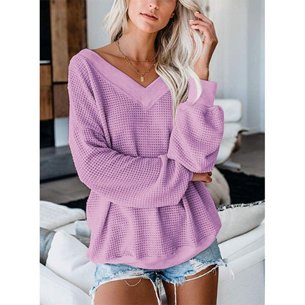 Loose V-Neck Knit Sweater with Plaid Design New Era Fashion LLc