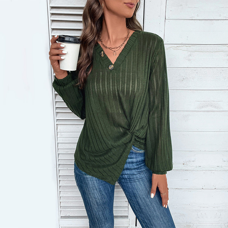 Fall V-neck Women's Top Texture Sunken Stripe Long-sleeved Sweater Grayceful LLC