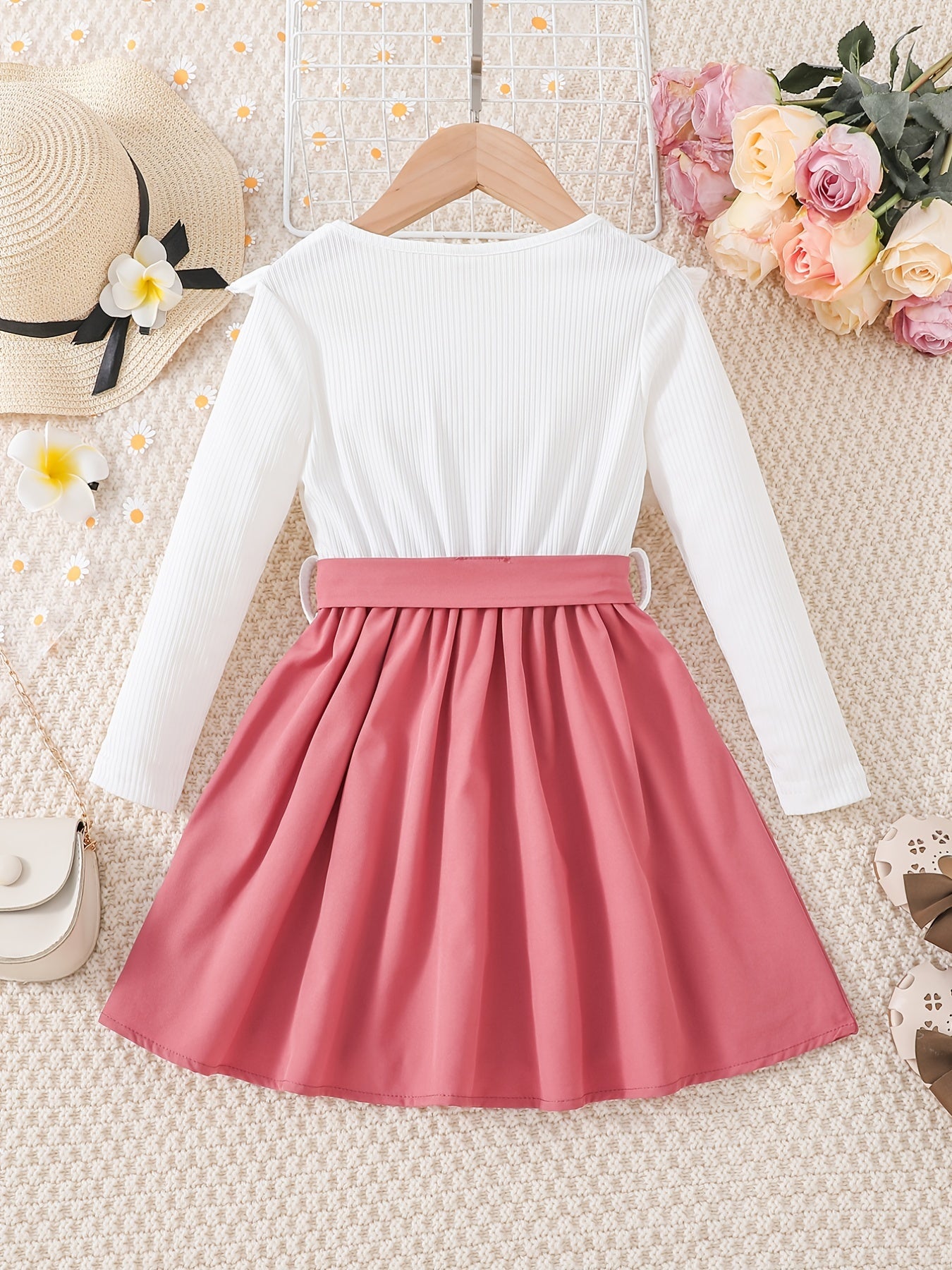 Girls' Elegant Floral Print Long Sleeve Dress with Ruffled Hem & Waist Tie - Knee-Length A-Line Skirt, Round Neck, Non-Stretch Fabric, All-Season Casual to Formal Outfits NovaCart