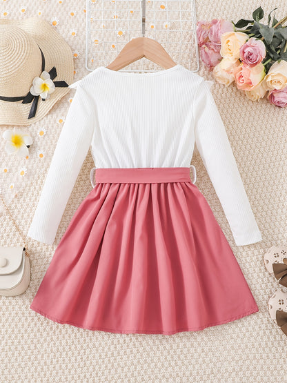 Girls' Elegant Floral Print Long Sleeve Dress with Ruffled Hem & Waist Tie - Knee-Length A-Line Skirt, Round Neck, Non-Stretch Fabric, All-Season Casual to Formal Outfits NovaCart
