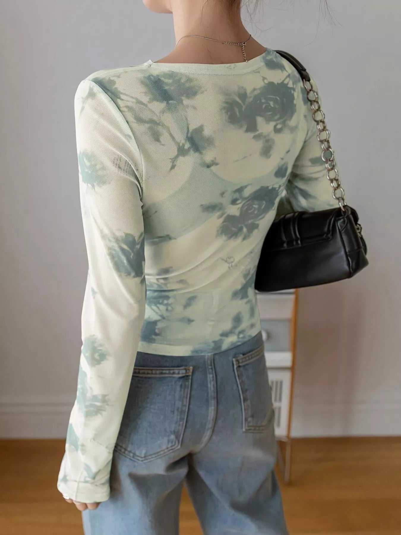 Floral Print Sheer Mesh Long Sleeve T-Shirt New Era Fashion LLc