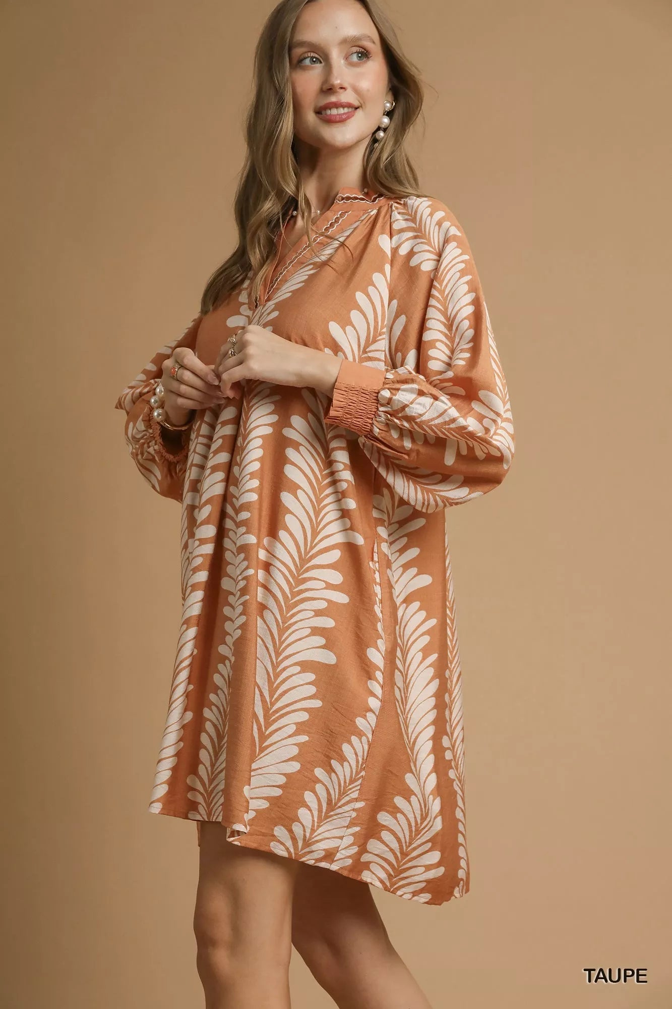 Umgee Leaf Print Notched Mini Babydoll Dress West2East Surf