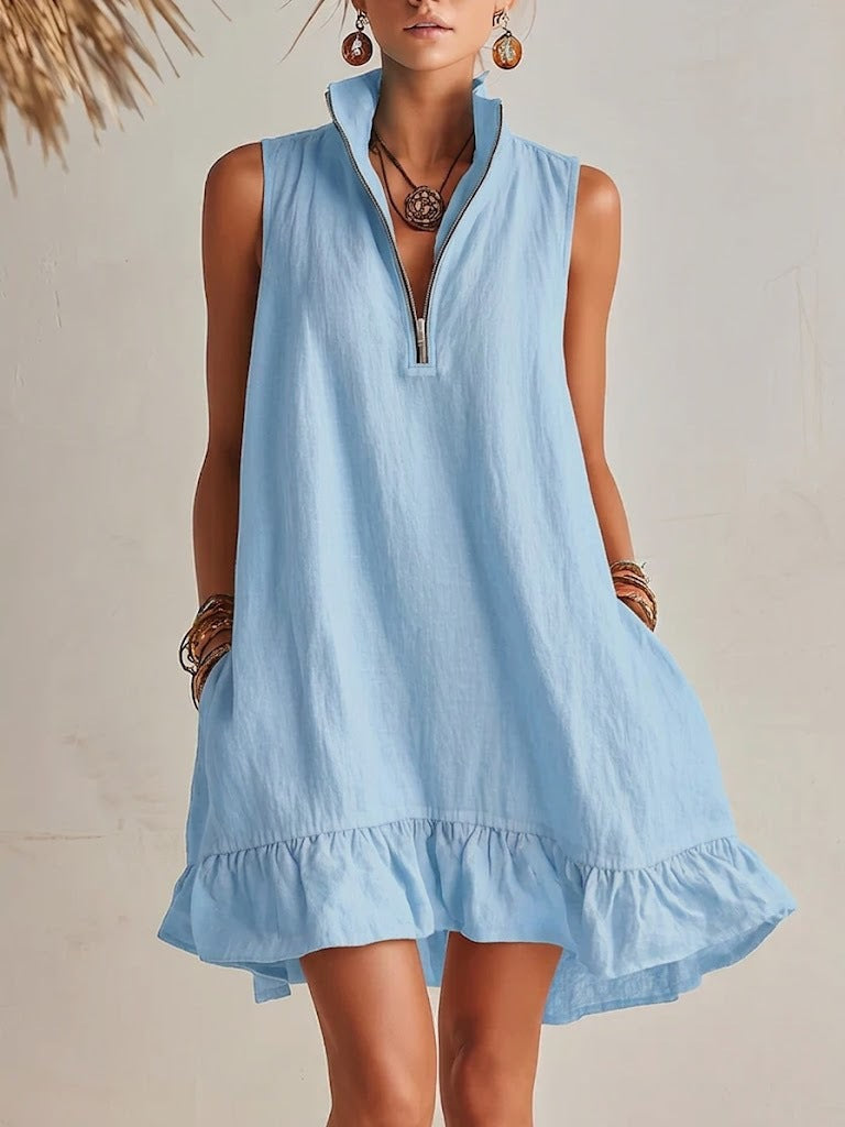 Women's Casual Loose Half-Zip Sleeveless Dress with Ruffle Hem FitiqueFit
