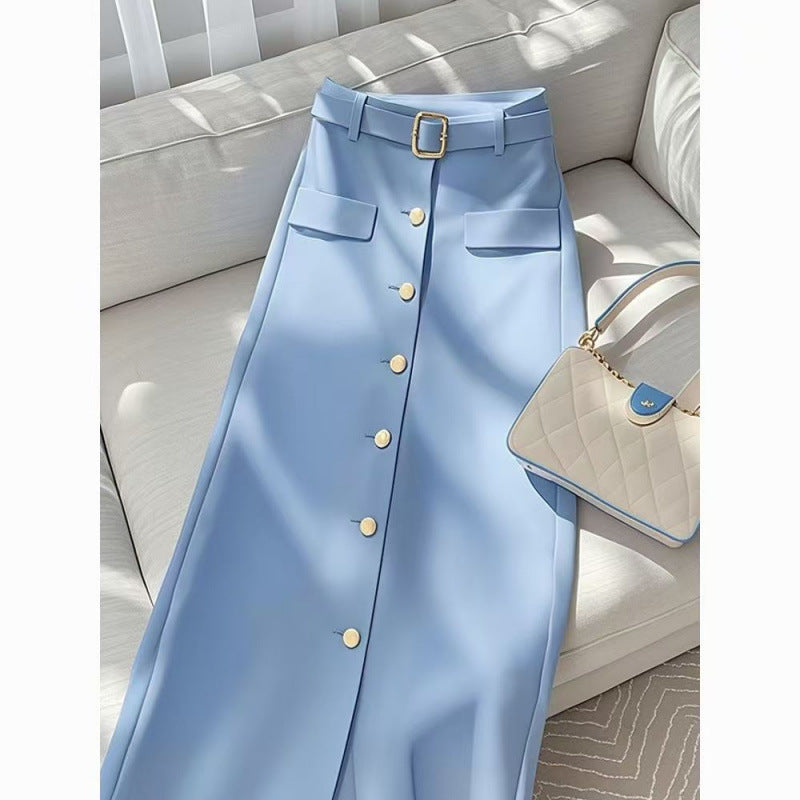 Women's Solid Color Draping Casual Elegant Blue Skirt Grayceful LLC