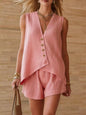 Women's Cotton-Linen V-Neck Button Sleeveless Top & Shorts Set FitiqueFit