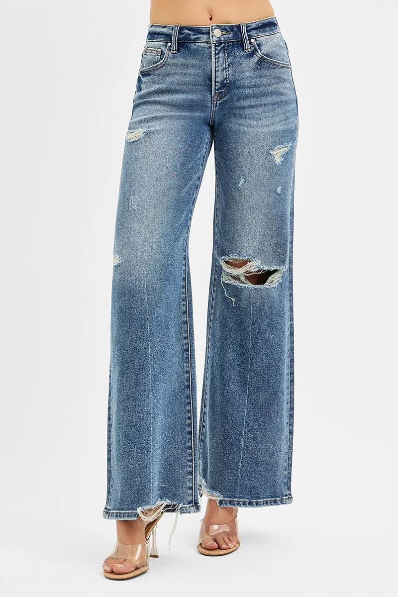 RISEN Tummy Control Mid Rise Fit Wide Jeans West2East Surf