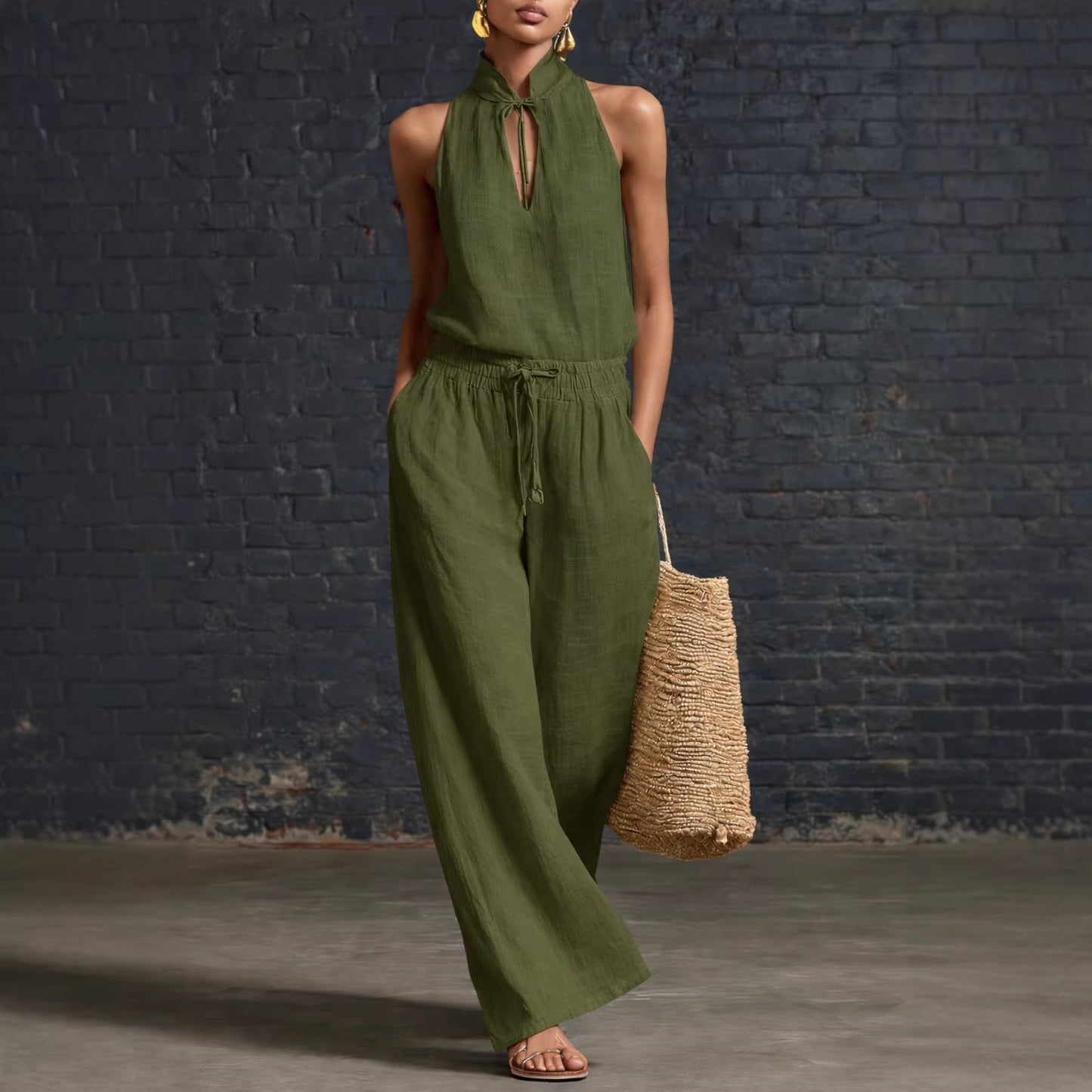 Women's Cotton Linen Sleeveless Top & Wide-Leg Pants Two-Piece Set FitiqueFit