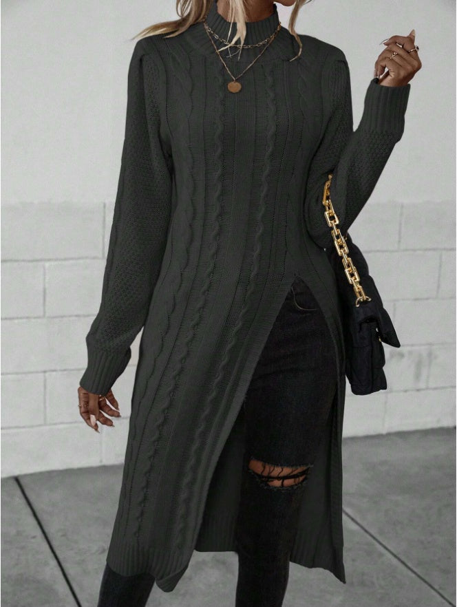 Women Crew Neck Long Sleeve Split Hem Minimalist Sweater Grayceful LLC