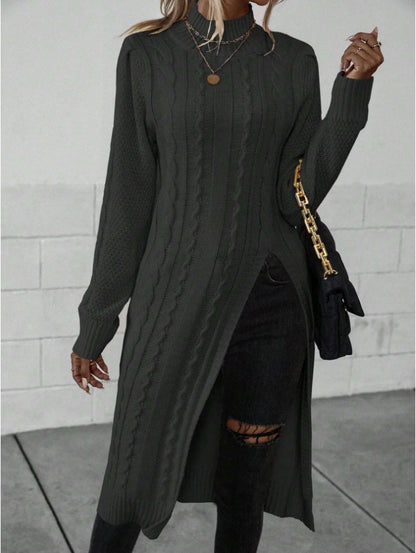 Women Crew Neck Long Sleeve Split Hem Minimalist Sweater Grayceful LLC
